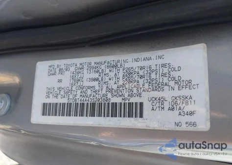 2003 Toyota Sequoia Sr5 V8 z USA, uszkodzony, nr VIN 5TDBT44A43S203808